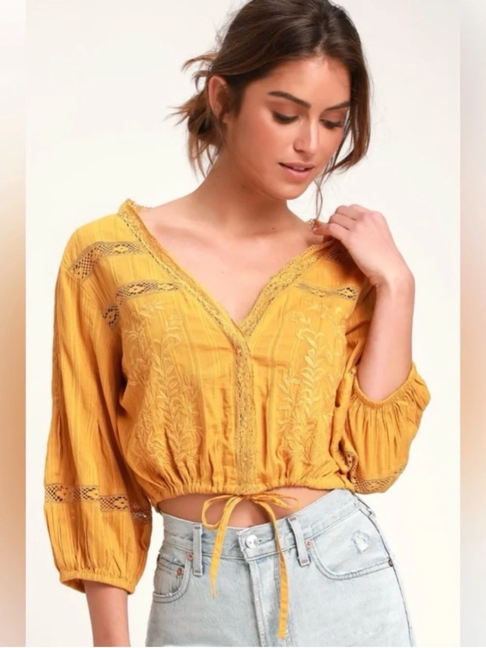 Free People Mustard Yellow Follow Your Heart Embroidered Peasant Blouse